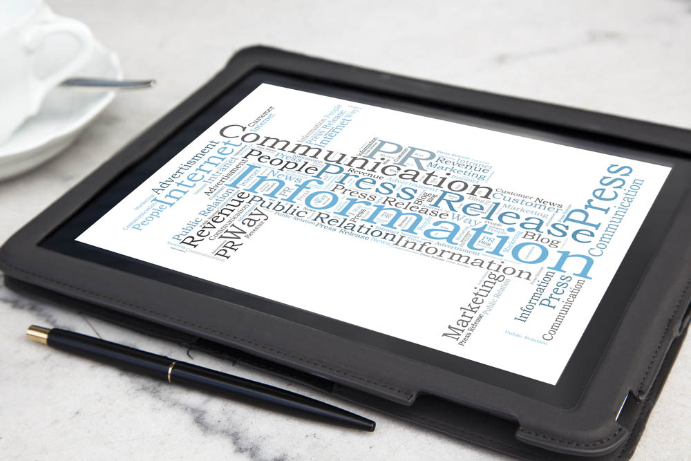 tablet with publich relation word cloud